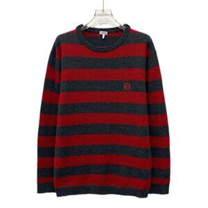 CW0727 Loewe Striped Red & Gray Wool Crewneck Sweater With Embroidered Logo